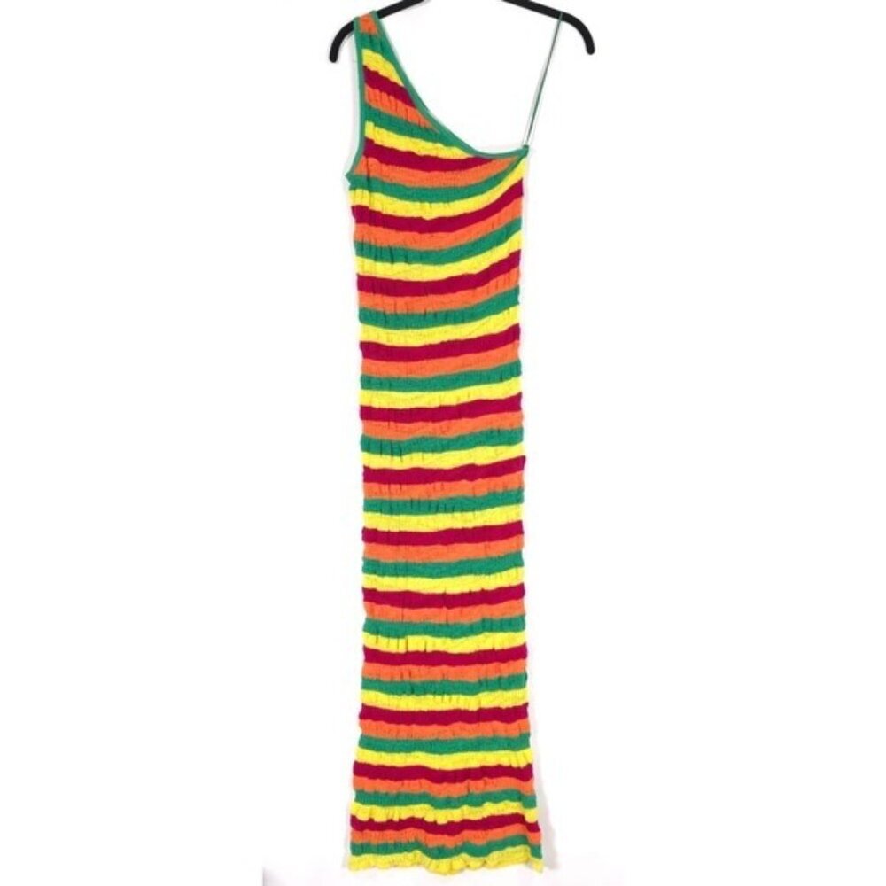 ZARA Women's Midi Dress SMALL Linen Blend Knit Striped 3859/101 Multicolor Asymm